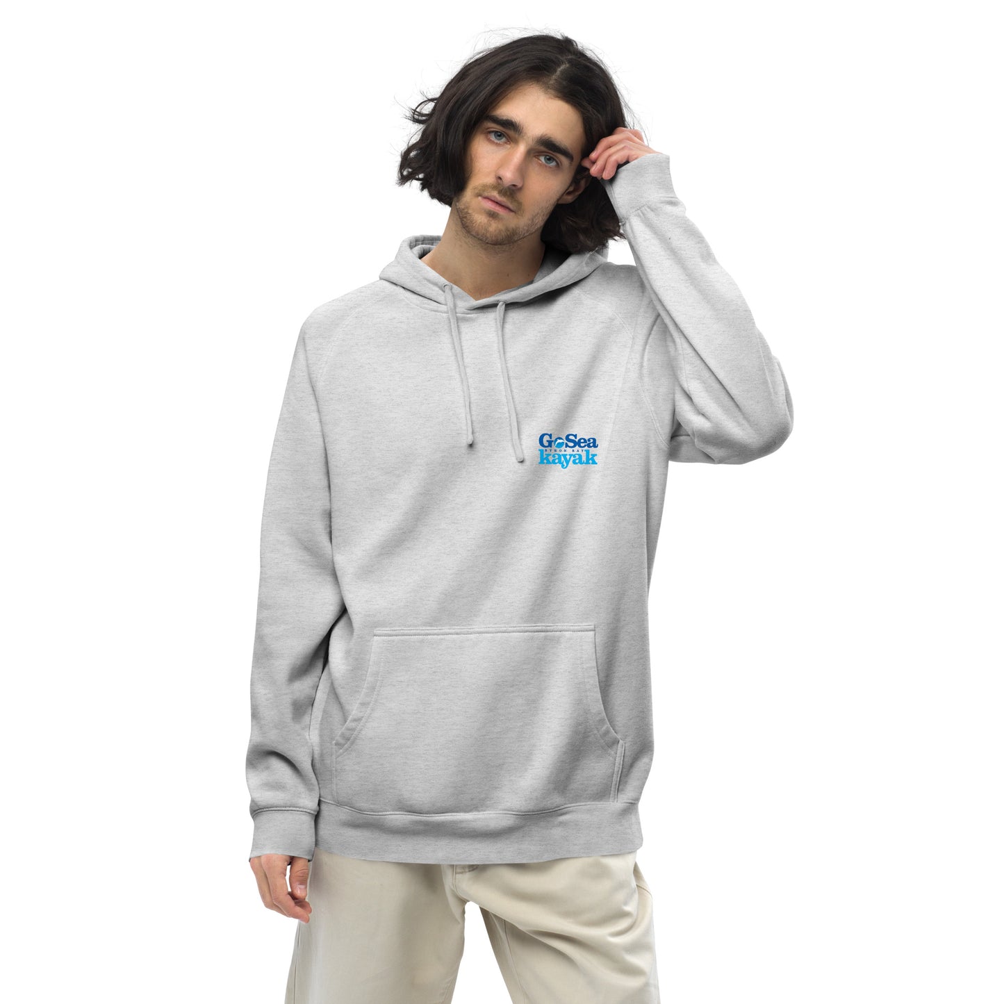  Unisex Hoodie - White Marle / light grey - Front view being warn by man with tucking hair behind his ear - Go Sea Kayak Byron Bay logo on back and front, Kangaroo pocket on front - Genuine Byron Bay Merchandise | Produced by Go Sea Kayak Byron Bay 