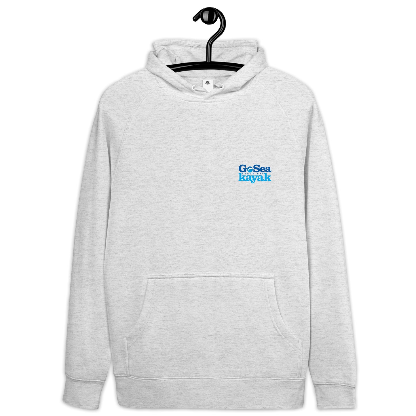  Unisex Hoodie - White Marle / light grey - Front flat lay view - Go Sea Kayak Byron Bay logo on back and front, Kangaroo pocket on front - Genuine Byron Bay Merchandise | Produced by Go Sea Kayak Byron Bay 