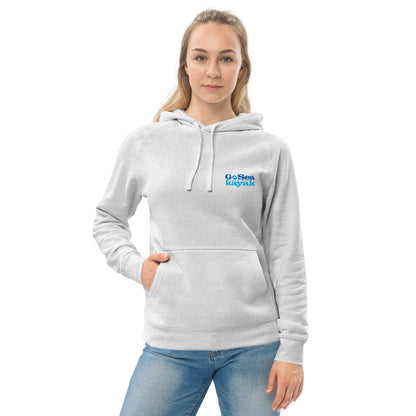  Unisex Hoodie - White Marle / light grey - Front view being warn by woman, one hand in pocket - Go Sea Kayak Byron Bay logo on back and front, Kangaroo pocket on front - Genuine Byron Bay Merchandise | Produced by Go Sea Kayak Byron Bay 