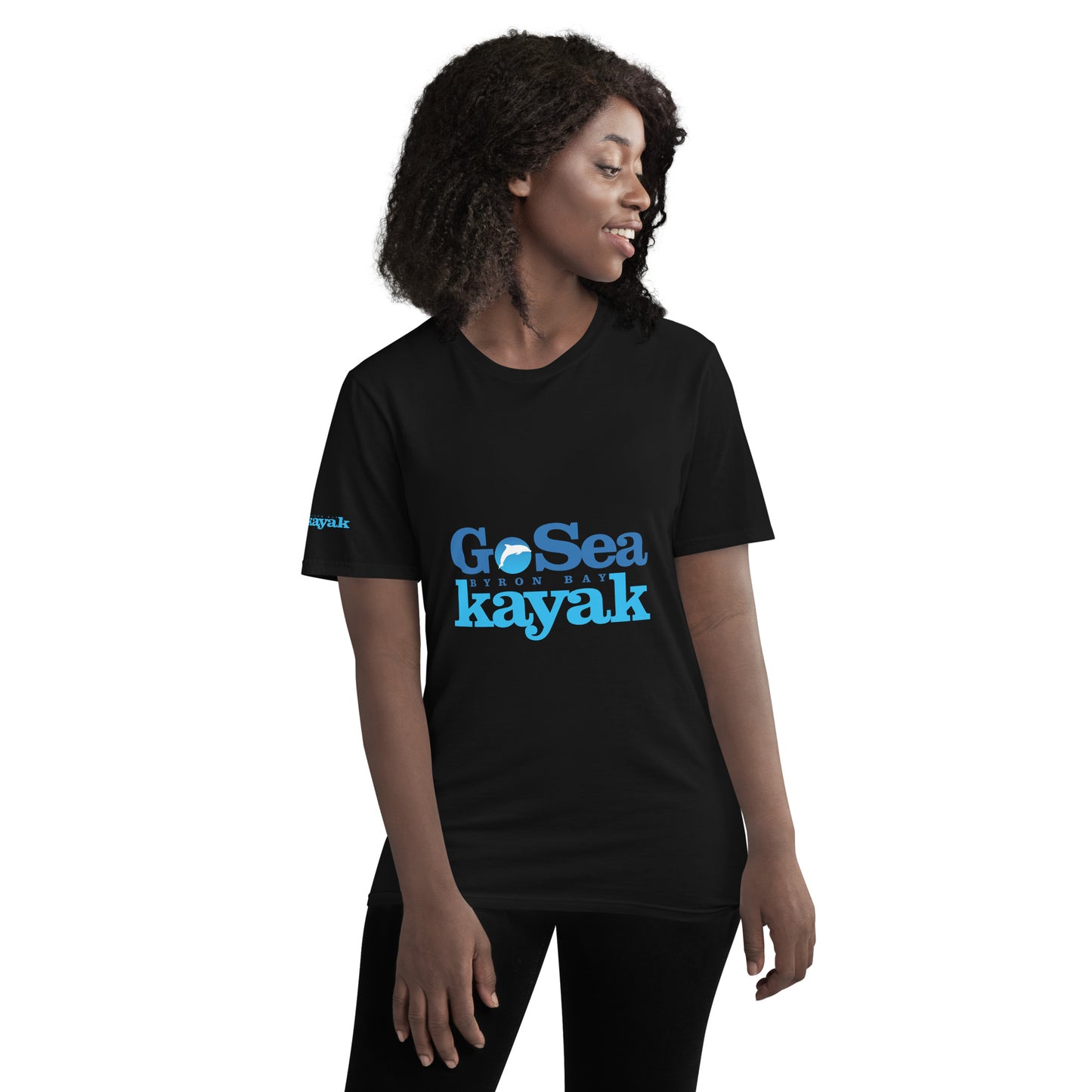  Unisex short sleeve T-shirt - Black - Front view on woman - With Go Sea Kayak logo on front and right sleve - Genuine Go Sea Kayak Byron Bay Merchandise 