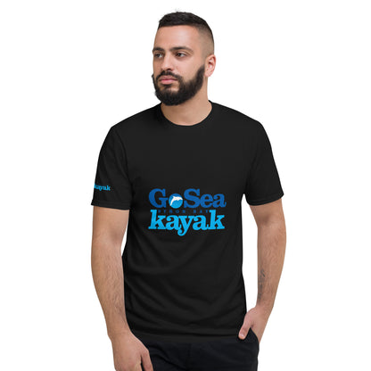  Unisex short sleeve T-shirt - Black - Front view on man - With Go Sea Kayak logo on front and right sleve - Genuine Go Sea Kayak Byron Bay Merchandise 