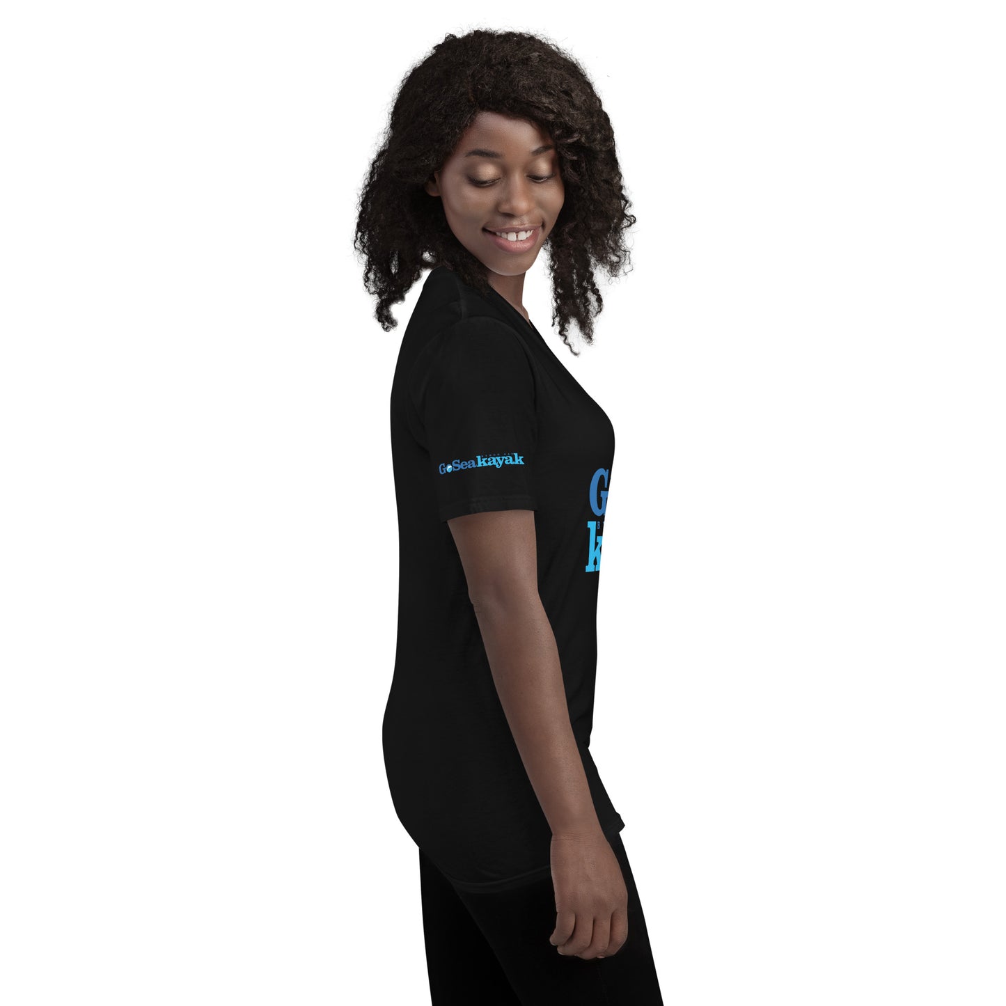  Unisex short sleeve T-shirt - Black - Side view on woman - With Go Sea Kayak logo on front and right sleve - Genuine Go Sea Kayak Byron Bay Merchandise 