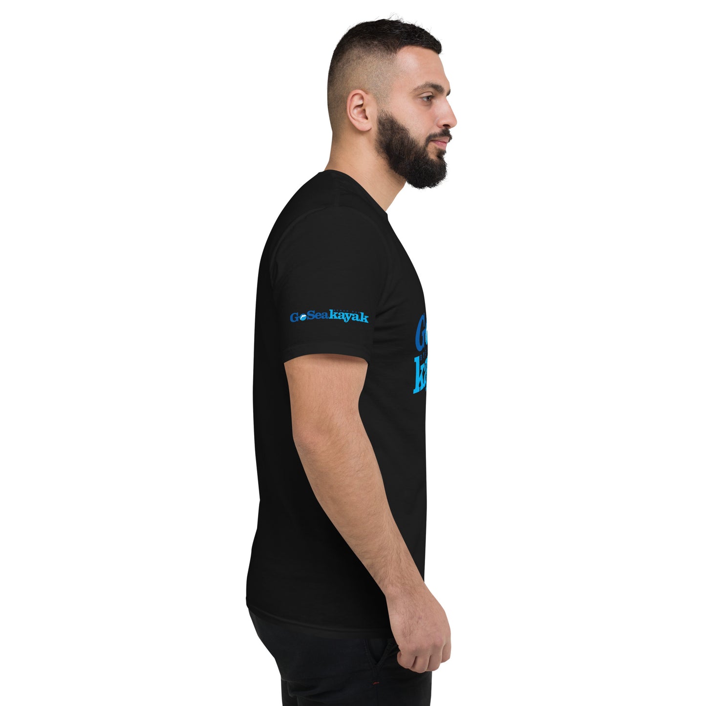  Unisex short sleeve T-shirt - Black - Side view on man - With Go Sea Kayak logo on front and right sleve - Genuine Go Sea Kayak Byron Bay Merchandise 