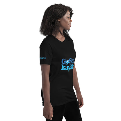  Unisex short sleeve T-shirt - Black - Side view on woman - With Go Sea Kayak logo on front and right sleve - Genuine Go Sea Kayak Byron Bay Merchandise 