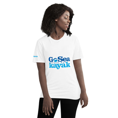  Unisex T-Shirt - White - Front view, on woman standing with arms by side - Go Sea Kayak Byron bay logo on front and right sleeve - Genuine Byron Bay Merchandise | Produced by Go Sea Kayak Byron Bay 