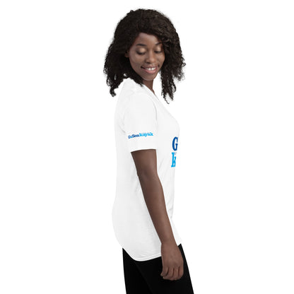  Unisex short sleeve T-shirt - White - Side view on woman - With Go Sea Kayak logo on front and right sleve - Genuine Go Sea Kayak Byron Bay Merchandise 