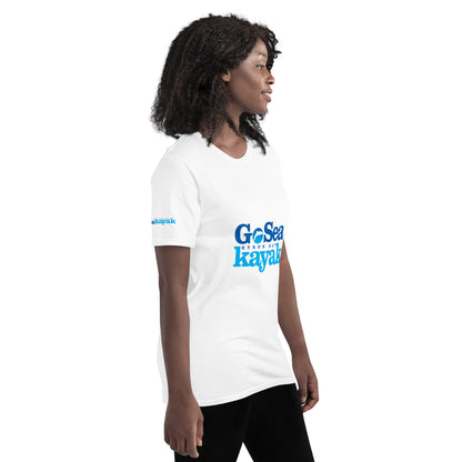  Unisex short sleeve T-shirt - White - Side view on woman - With Go Sea Kayak logo on front and right sleve - Genuine Go Sea Kayak Byron Bay Merchandise 