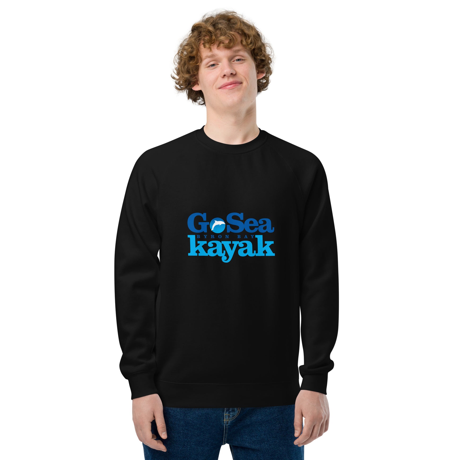  Unisex Sweatshirt - Black - Front view being warn by man with arms by side - Go Sea Kayak Byron Bay logo on front - Genuine Byron Bay Merchandise | Produced by Go Sea Kayak Byron Bay 