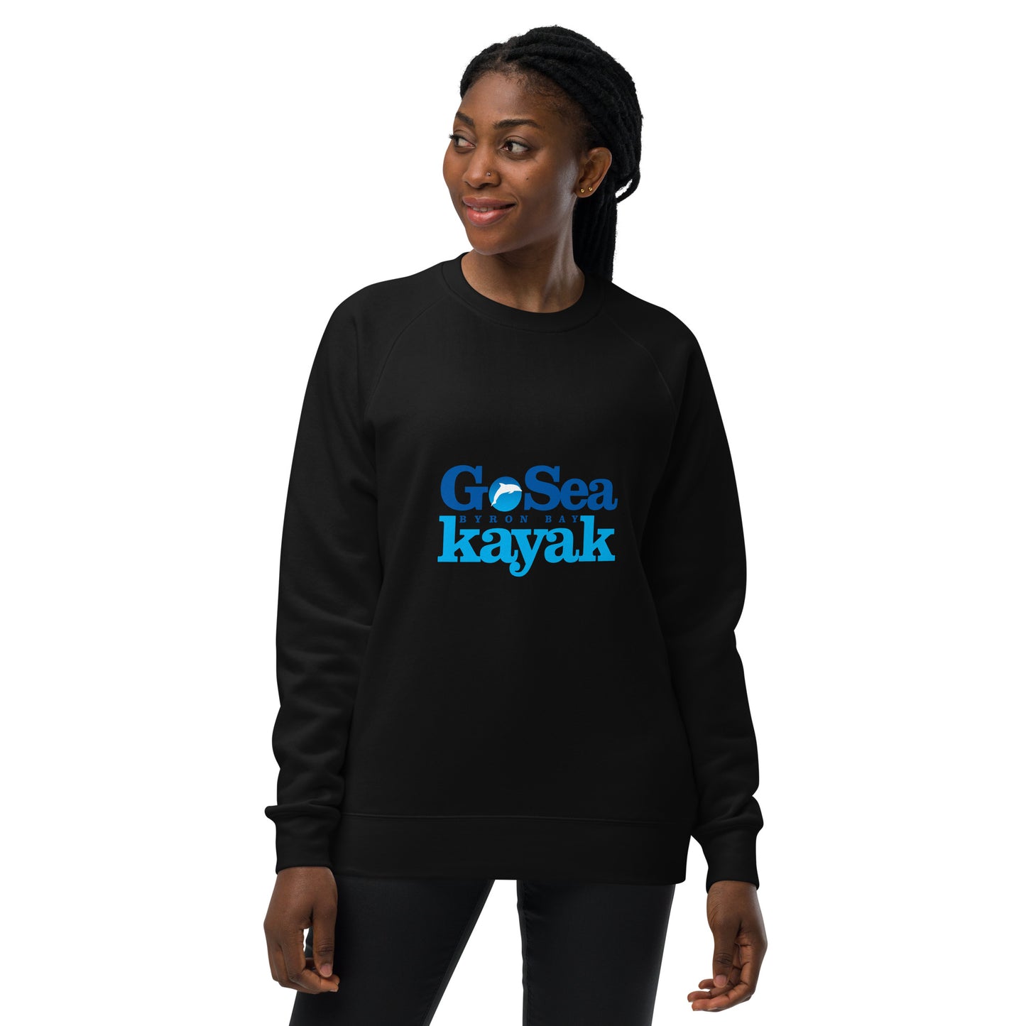  Unisex Sweatshirt - Black - Front view being warn by woman with arms by side - Go Sea Kayak Byron Bay logo on front - Genuine Byron Bay Merchandise | Produced by Go Sea Kayak Byron Bay 