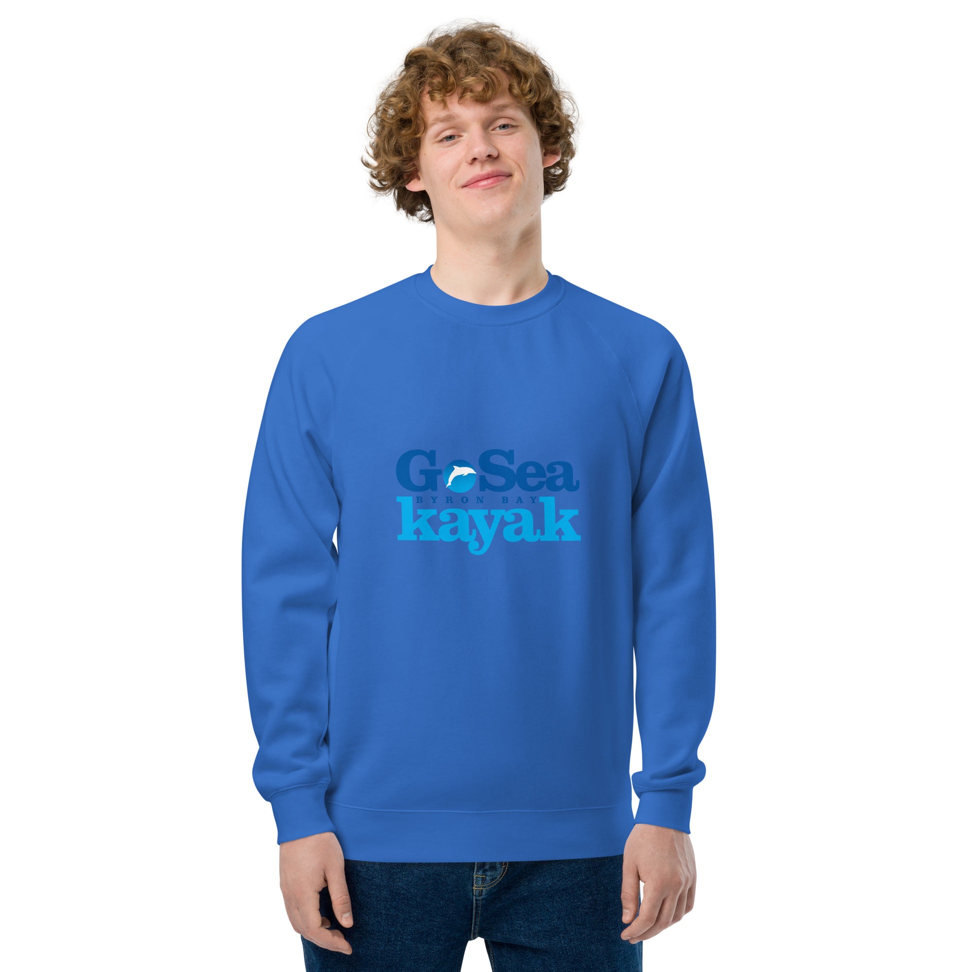  Unisex Sweatshirt - Bright Royal Blue - Front view being warn by man with arms by side - Go Sea Kayak Byron Bay logo on front - Genuine Byron Bay Merchandise | Produced by Go Sea Kayak Byron Bay 