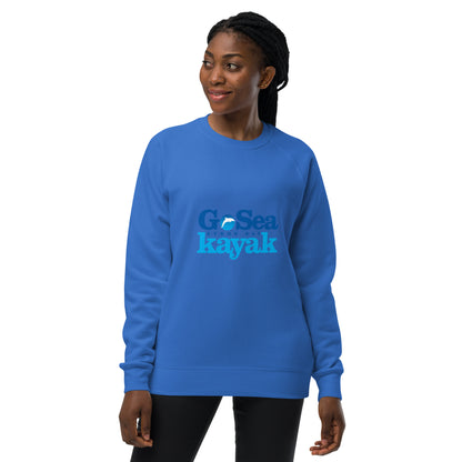  Unisex Sweatshirt - Bright Royal Blue - Front view being warn by woman with arms by side - Go Sea Kayak Byron Bay logo on front - Genuine Byron Bay Merchandise | Produced by Go Sea Kayak Byron Bay 