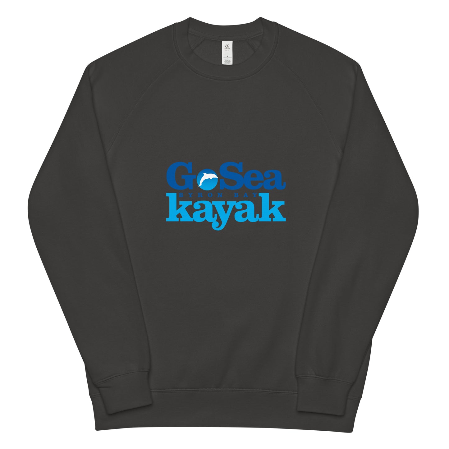  Unisex Sweatshirt - Coal - Front flat lay view - Go Sea Kayak Byron Bay logo on front - Genuine Byron Bay Merchandise | Produced by Go Sea Kayak Byron Bay 