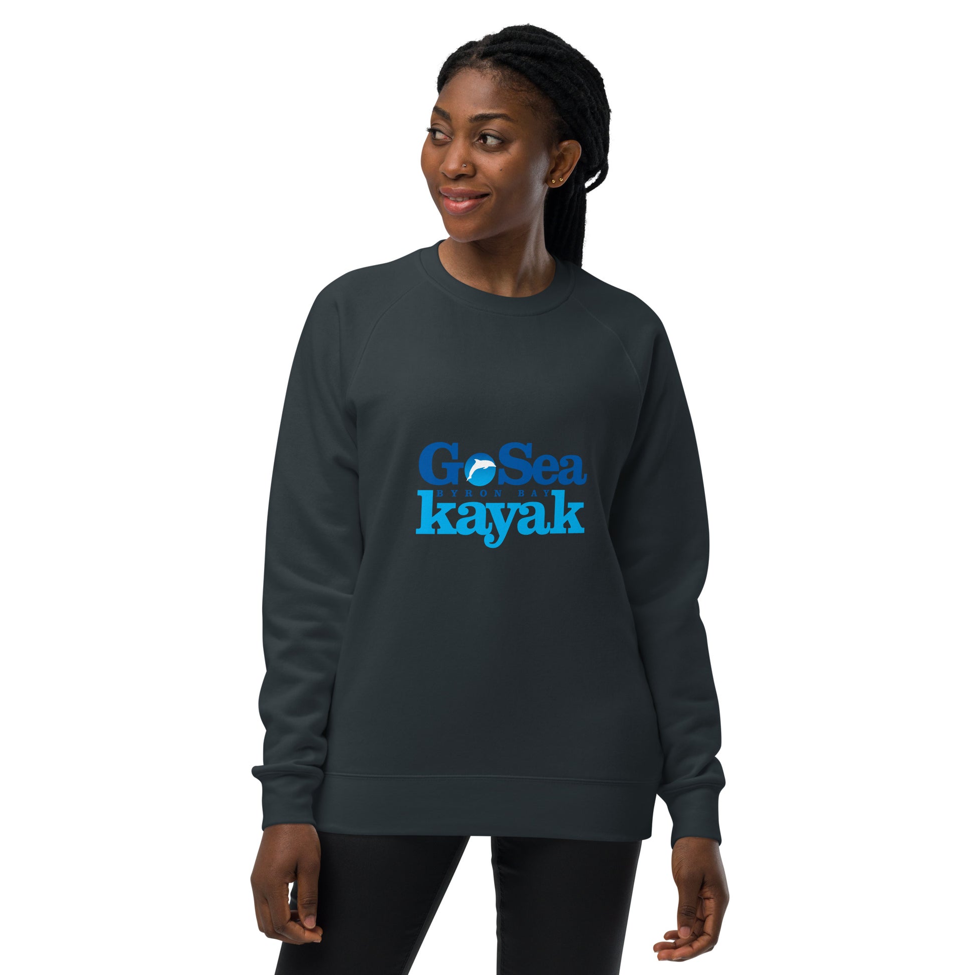  Unisex Sweatshirt - Navy - Front view being warn by woman with arms by side - Go Sea Kayak Byron Bay logo on front - Genuine Byron Bay Merchandise | Produced by Go Sea Kayak Byron Bay 