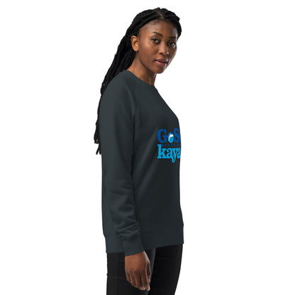  Unisex Sweatshirt - Navy - Side view being warn by woman with arms by side - Go Sea Kayak Byron Bay logo on front - Genuine Byron Bay Merchandise | Produced by Go Sea Kayak Byron Bay 