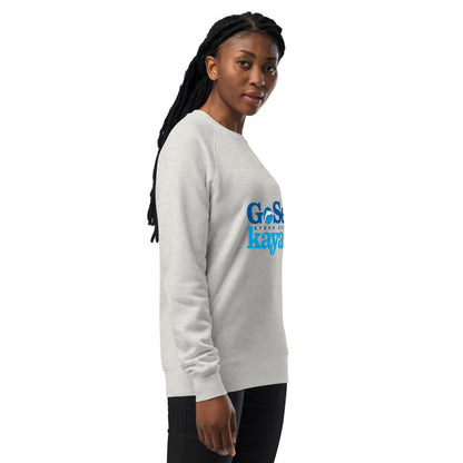  Unisex Sweatshirt - White Marle / Light grey - side view being warn by woman with arms by side - Go Sea Kayak Byron Bay logo on front - Genuine Byron Bay Merchandise | Produced by Go Sea Kayak Byron Bay 