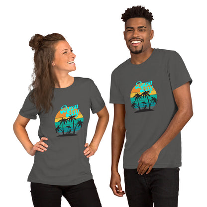  Unisex T-Shirt - Asphalt  - Front view, on woman and man standing next to eachother - Byron Bay design on front - Genuine Byron Bay Merchandise | Produced by Go Sea Kayak Byron Bay 