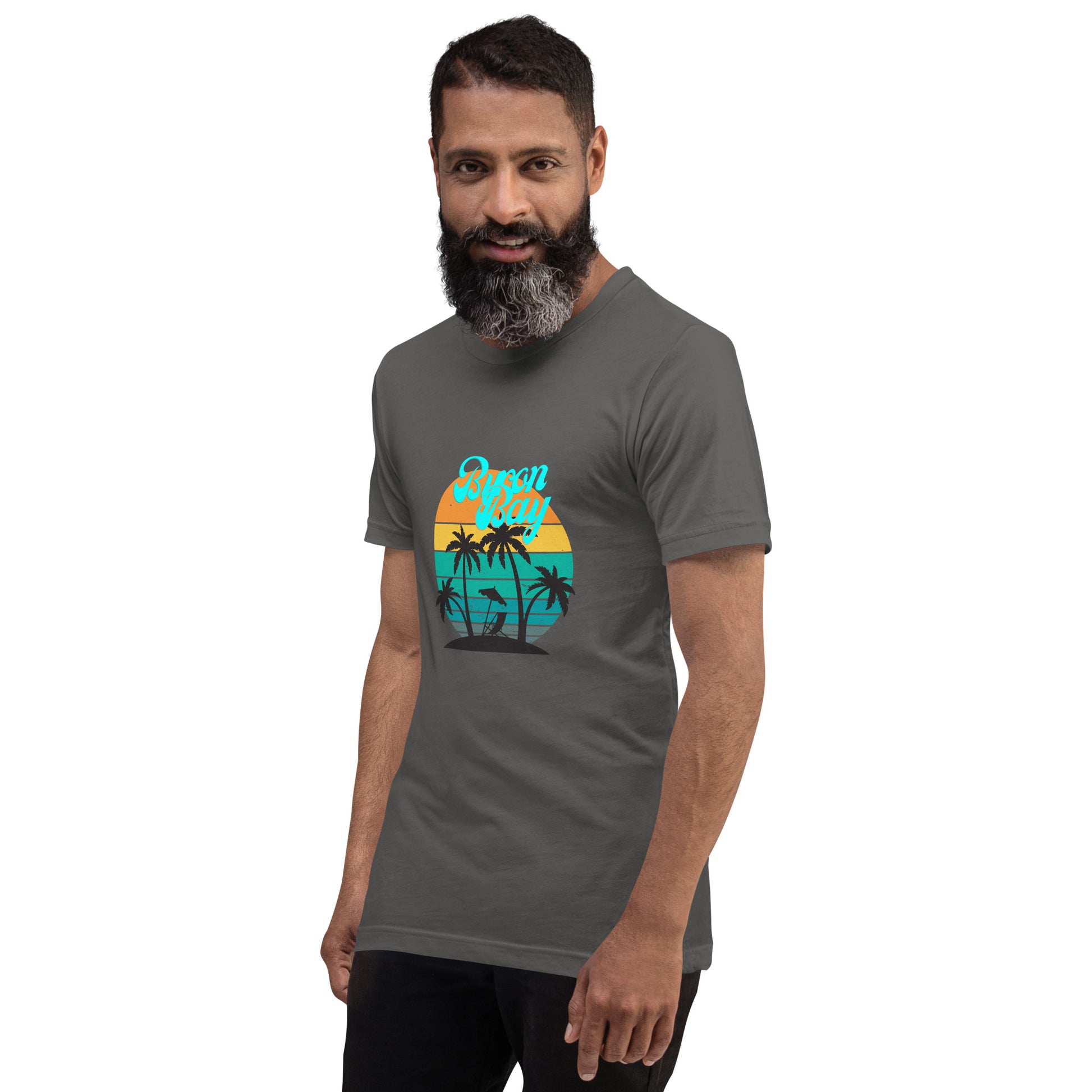  Unisex T-Shirt - Asphalt  - Front view, on man standing with arms by side - Byron Bay design on front - Genuine Byron Bay Merchandise | Produced by Go Sea Kayak Byron Bay 