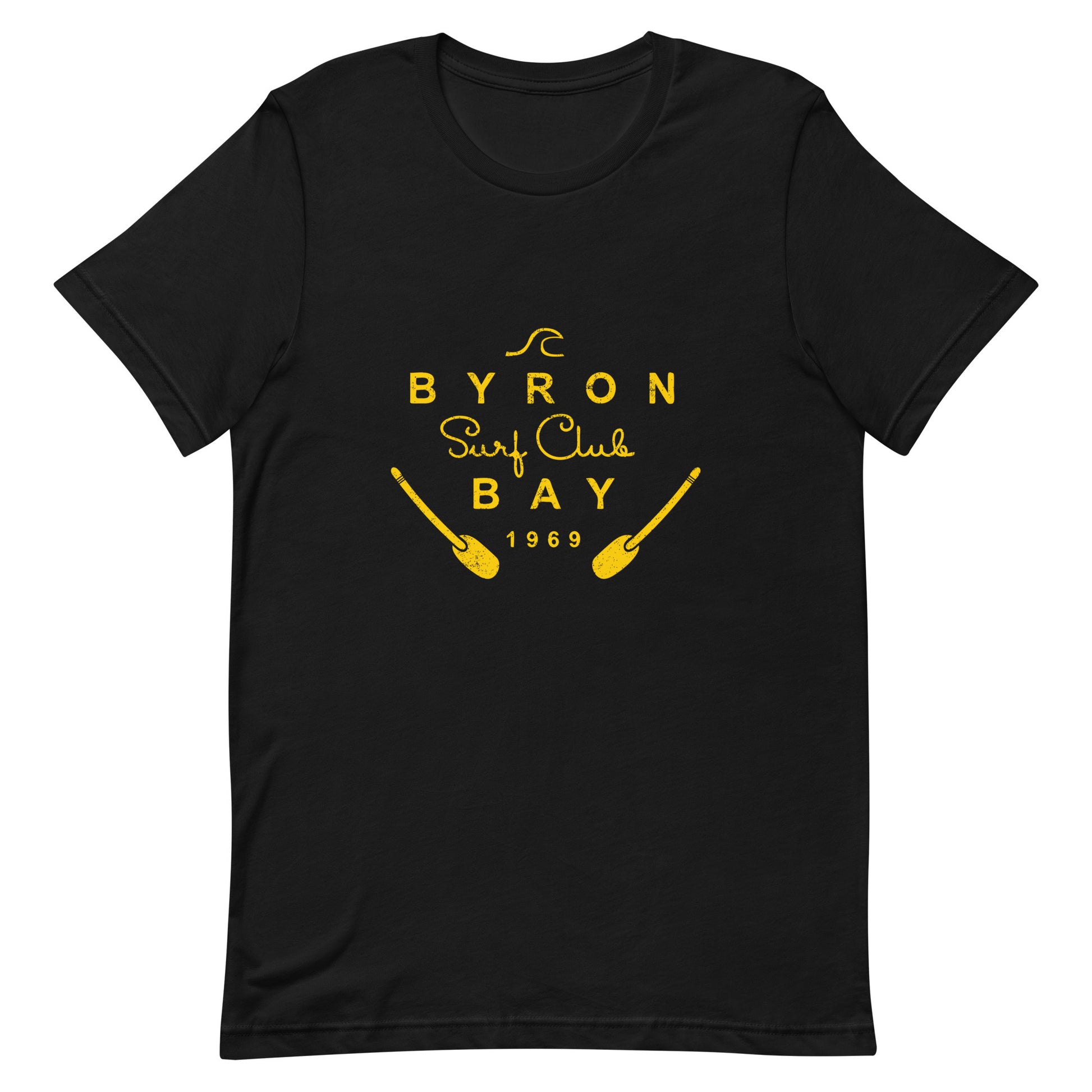  Unisex T-Shirt - Black - Front flat lay view - Byron Bay Surf Club logo on front - Genuine Byron Bay Merchandise | Produced by Go Sea Kayak Byron Bay 