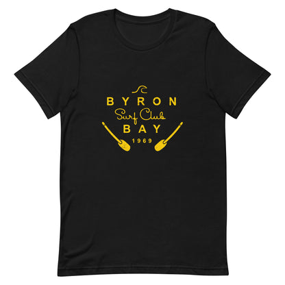  Unisex T-Shirt - Black - Front flat lay view - Byron Bay Surf Club logo on front - Genuine Byron Bay Merchandise | Produced by Go Sea Kayak Byron Bay 