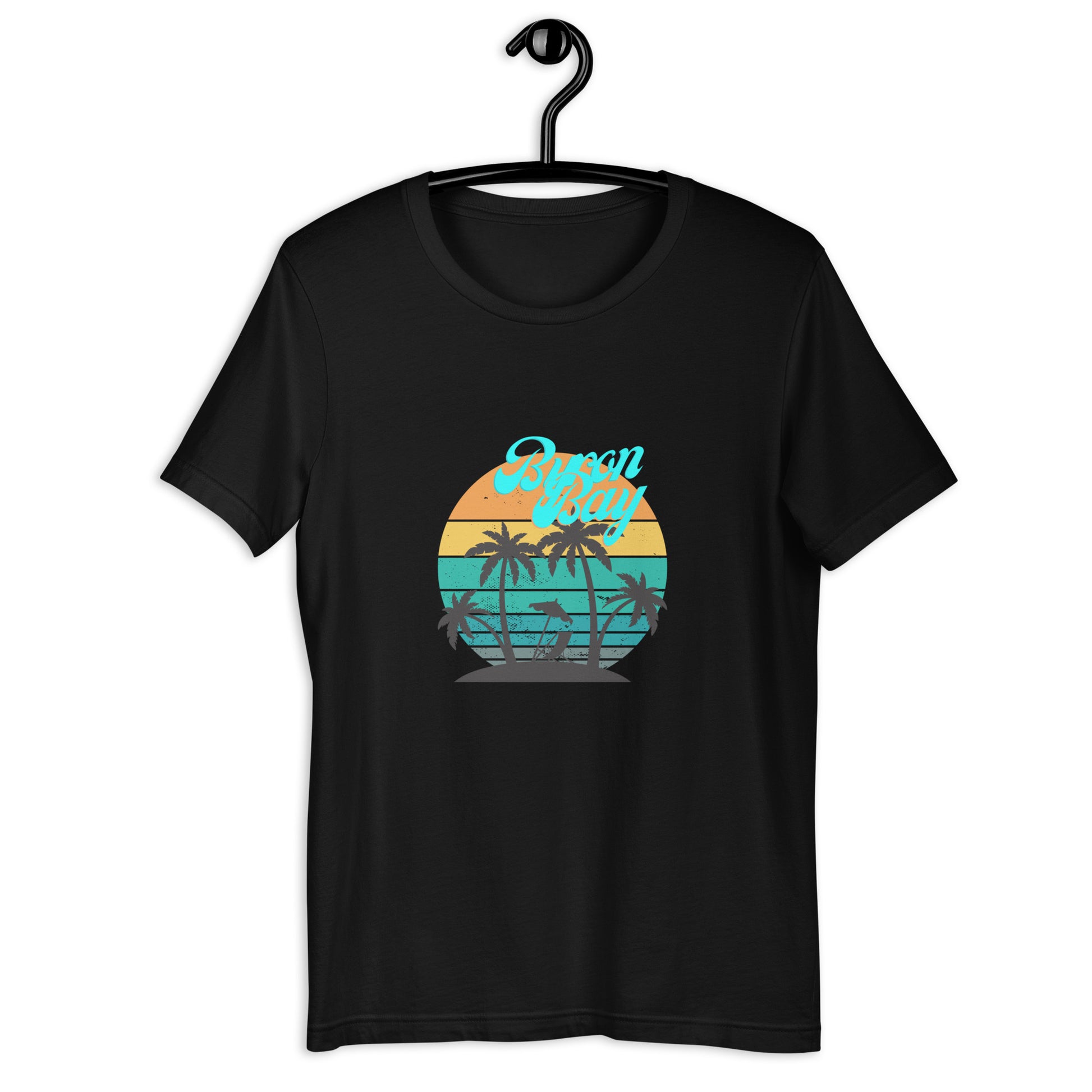  Unisex T-Shirt - Black - Front flat lay view - Byron Bay design on front - Genuine Byron Bay Merchandise | Produced by Go Sea Kayak Byron Bay 