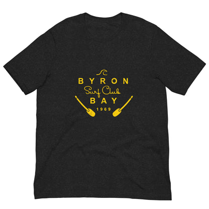  Unisex T-Shirt - Black Heather - Front flat lay view - Byron Bay Surf Club logo on front - Genuine Byron Bay Merchandise | Produced by Go Sea Kayak Byron Bay 