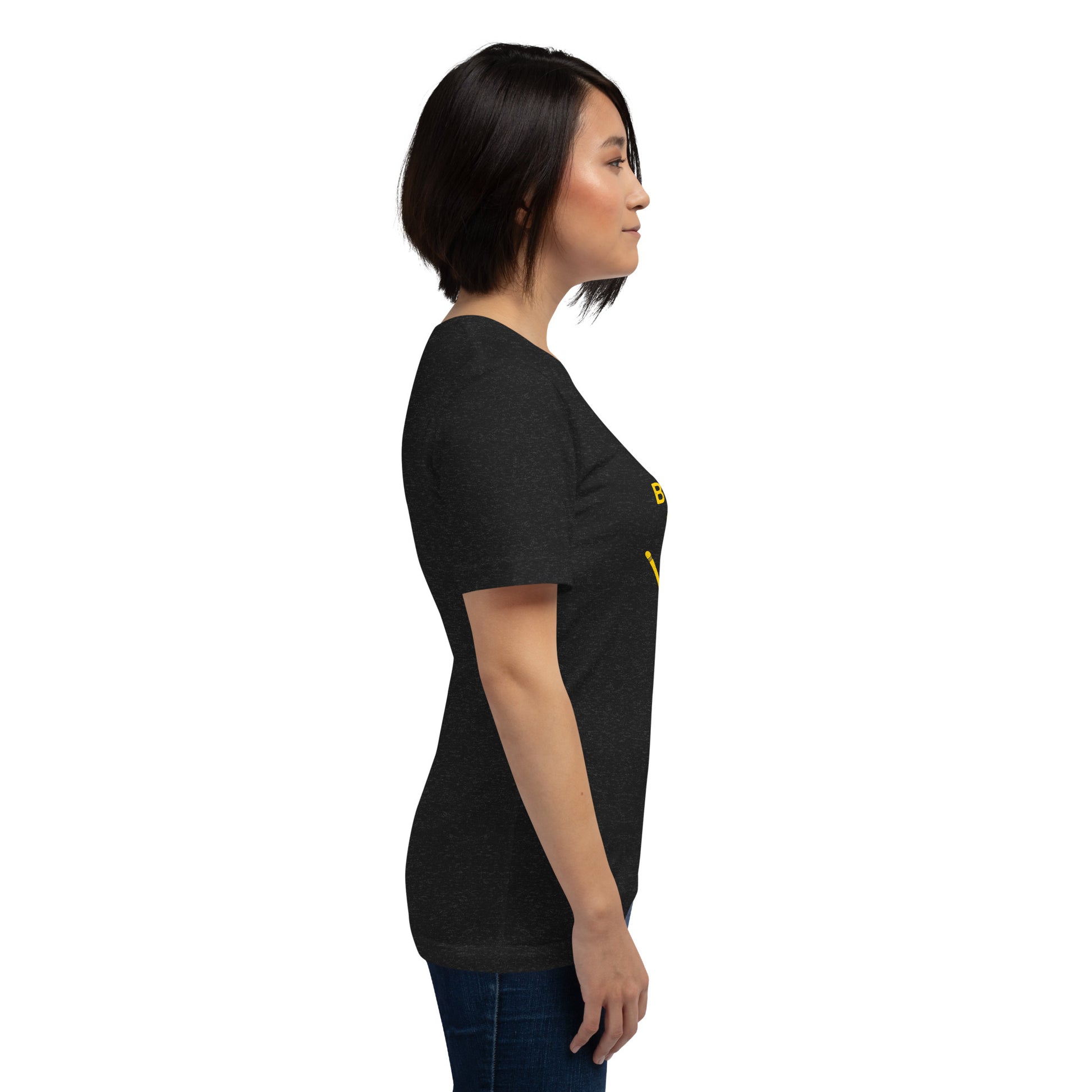  Unisex T-Shirt - Black Heather - Side view of t-shirt on woman - yellow Byron Bay Surf Club logo on front - Genuine Byron Bay Merchandise | Produced by Go Sea Kayak Byron Bay 