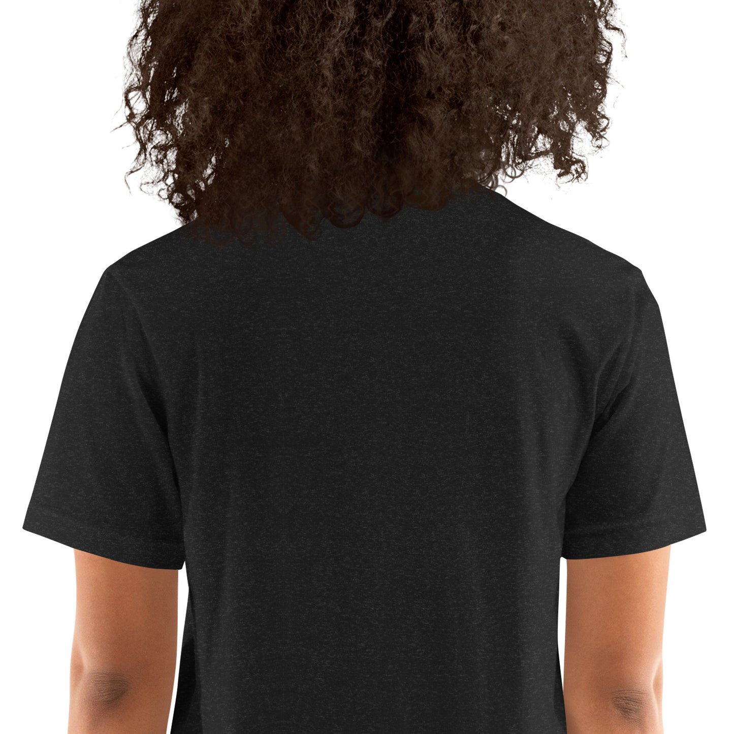  Unisex T-Shirt - Black Heather - Back view of t-shirt on woman - yellow Byron Bay Surf Club logo on front - Genuine Byron Bay Merchandise | Produced by Go Sea Kayak Byron Bay 