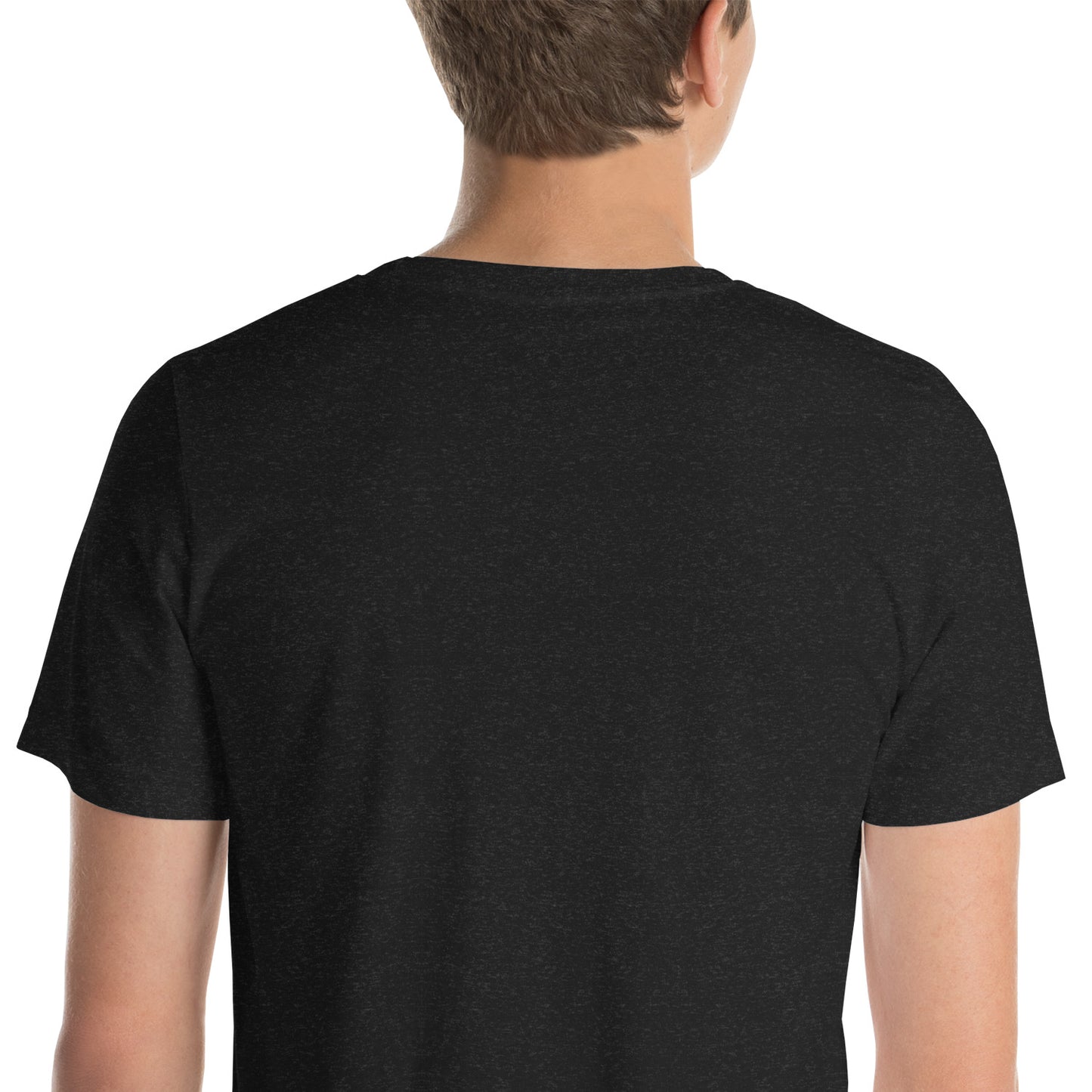  Unisex T-Shirt - Black Heather - Back view of t-shirt on man - yellow Byron Bay Surf Club logo on front - Genuine Byron Bay Merchandise | Produced by Go Sea Kayak Byron Bay 