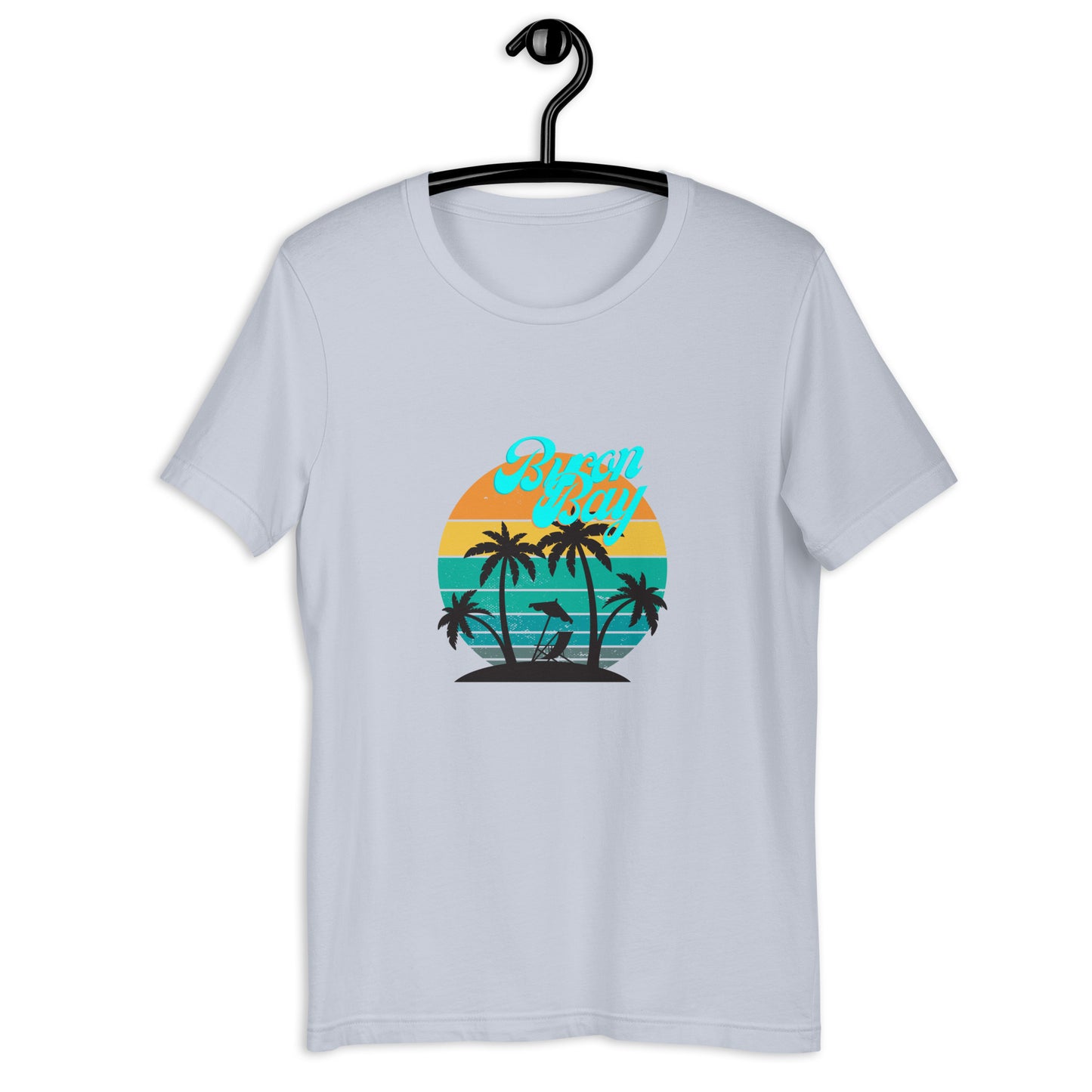 Unisex T-Shirt - light blue - Front flat lay view - Byron Bay design on front - Genuine Byron Bay Merchandise | Produced by Go Sea Kayak Byron Bay 