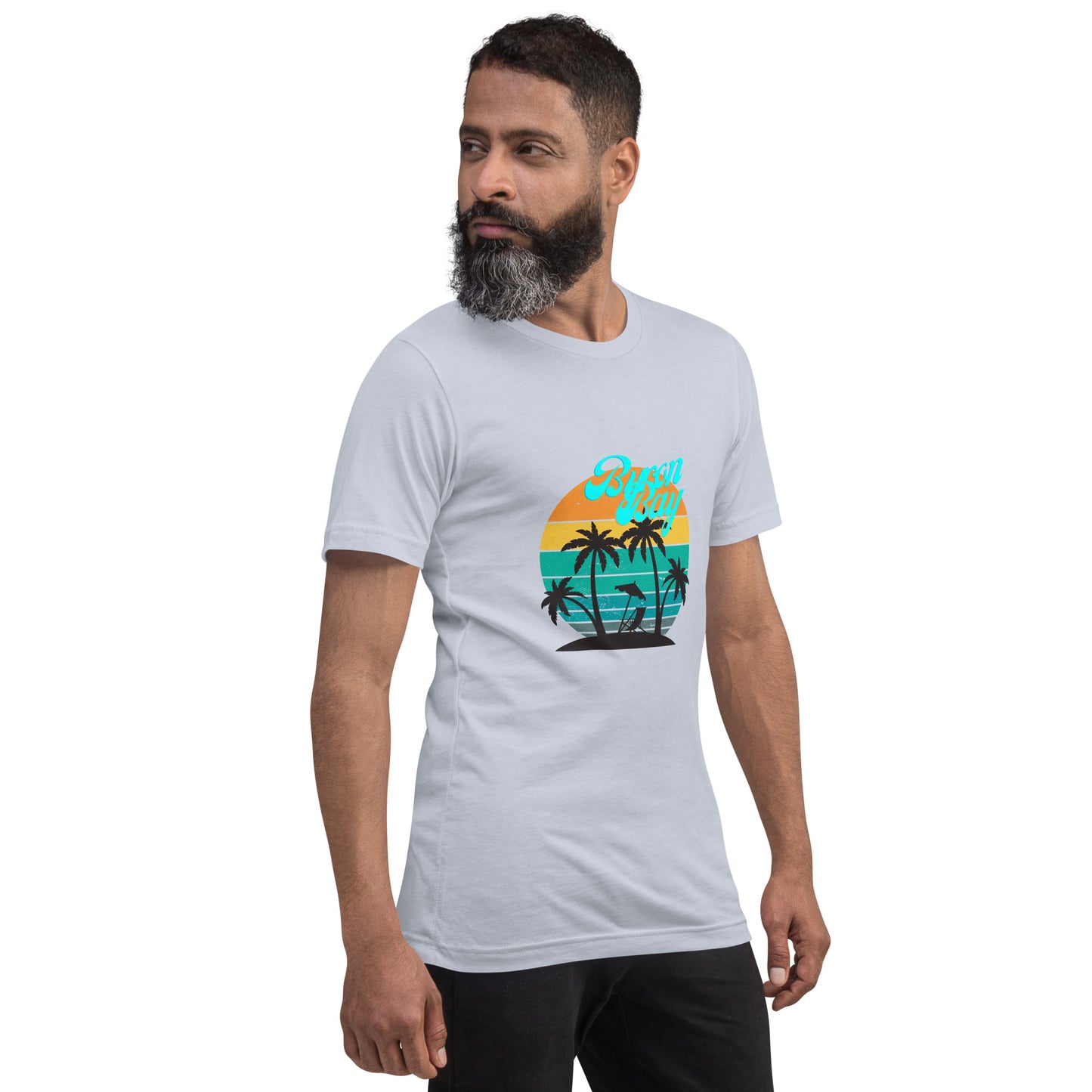  Unisex T-Shirt - light blue - Front view, on man standing with arms by side - Byron Bay design on front - Genuine Byron Bay Merchandise | Produced by Go Sea Kayak Byron Bay 