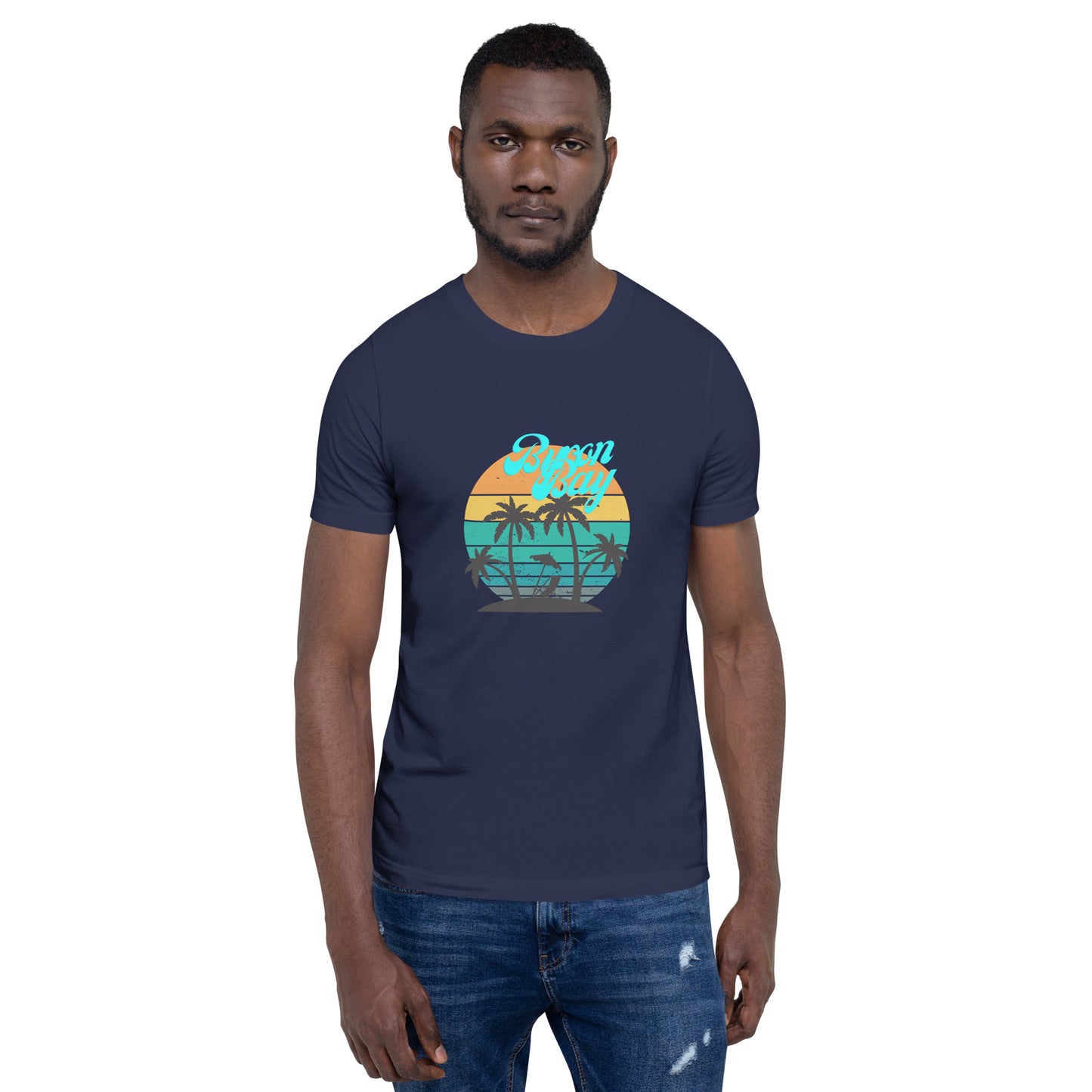  Unisex T-Shirt - Navy - Front view, on man standing with arms by side - Byron Bay design on front - Genuine Byron Bay Merchandise | Produced by Go Sea Kayak Byron Bay 