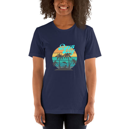  Unisex T-Shirt - Navy - Front view, on woman standing with arms by side - Byron Bay design on front - Genuine Byron Bay Merchandise | Produced by Go Sea Kayak Byron Bay 