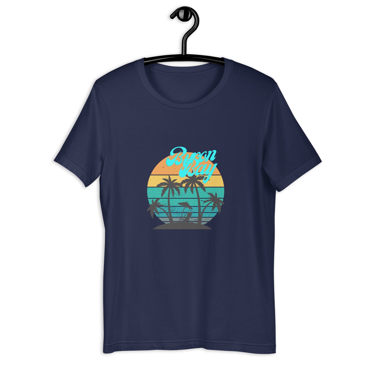  Unisex T-Shirt - Navy - Front flat lay view - Byron Bay design on front - Genuine Byron Bay Merchandise | Produced by Go Sea Kayak Byron Bay 