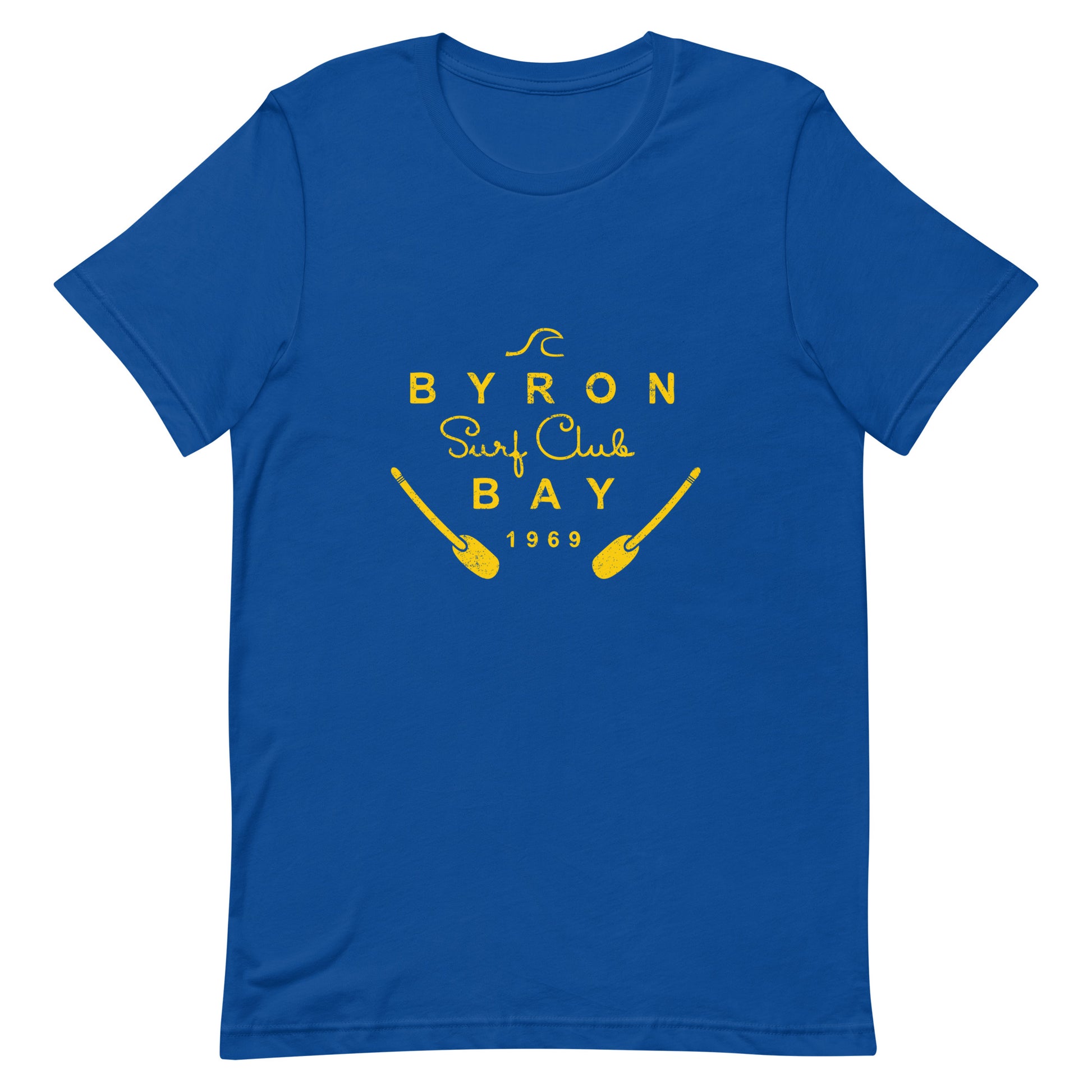  Unisex T-Shirt - True Royal Blue - Front flat lay view - yellow Byron Bay Surf Club logo on front - Genuine Byron Bay Merchandise | Produced by Go Sea Kayak Byron Bay 