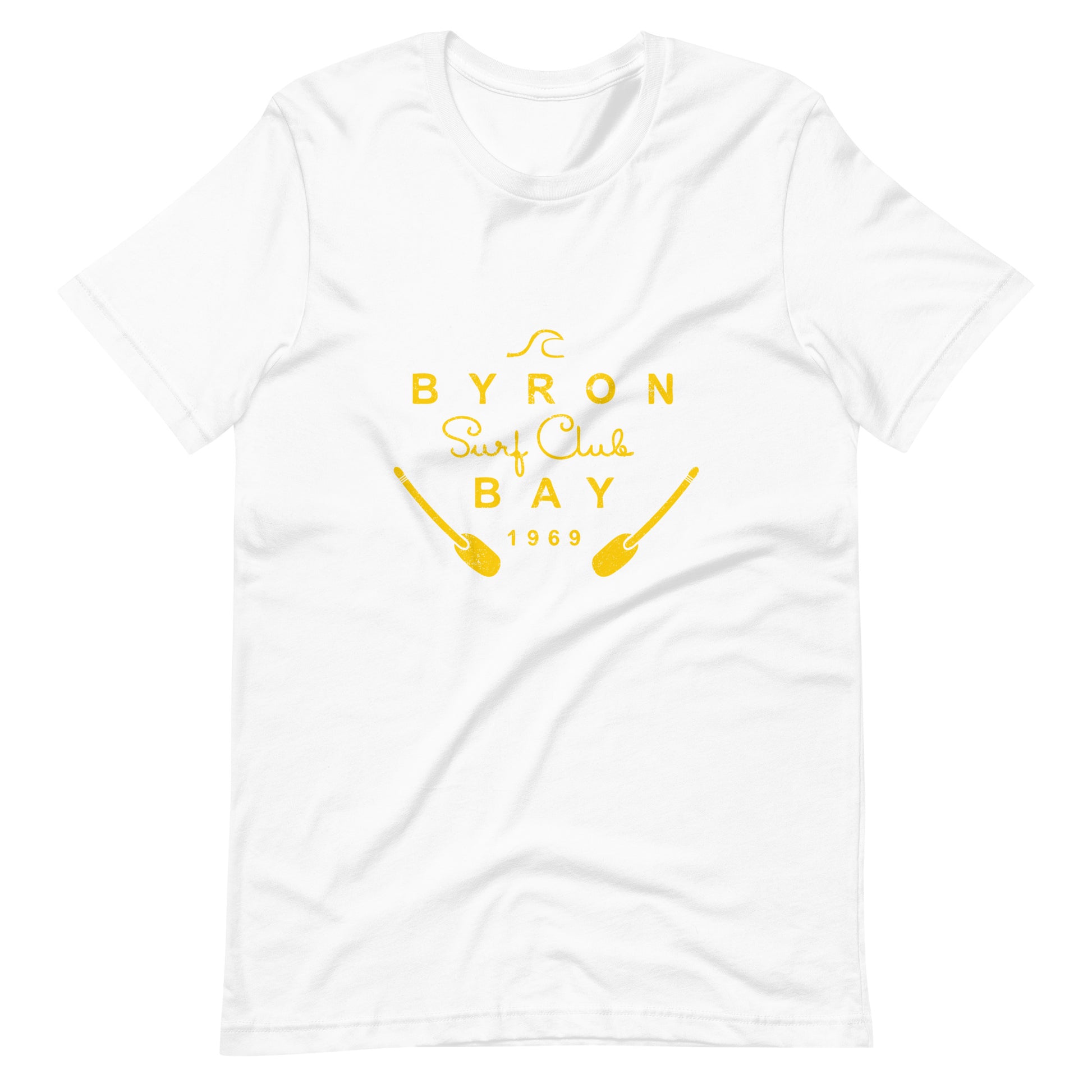  Unisex T-Shirt - White - Front flat lay view - yellow Byron Bay Surf Club logo on front - Genuine Byron Bay Merchandise | Produced by Go Sea Kayak Byron Bay 