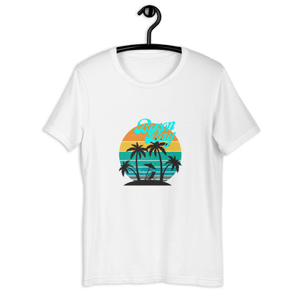  Unisex T-Shirt - White - Front flat lay view - Byron Bay design on front - Genuine Byron Bay Merchandise | Produced by Go Sea Kayak Byron Bay 