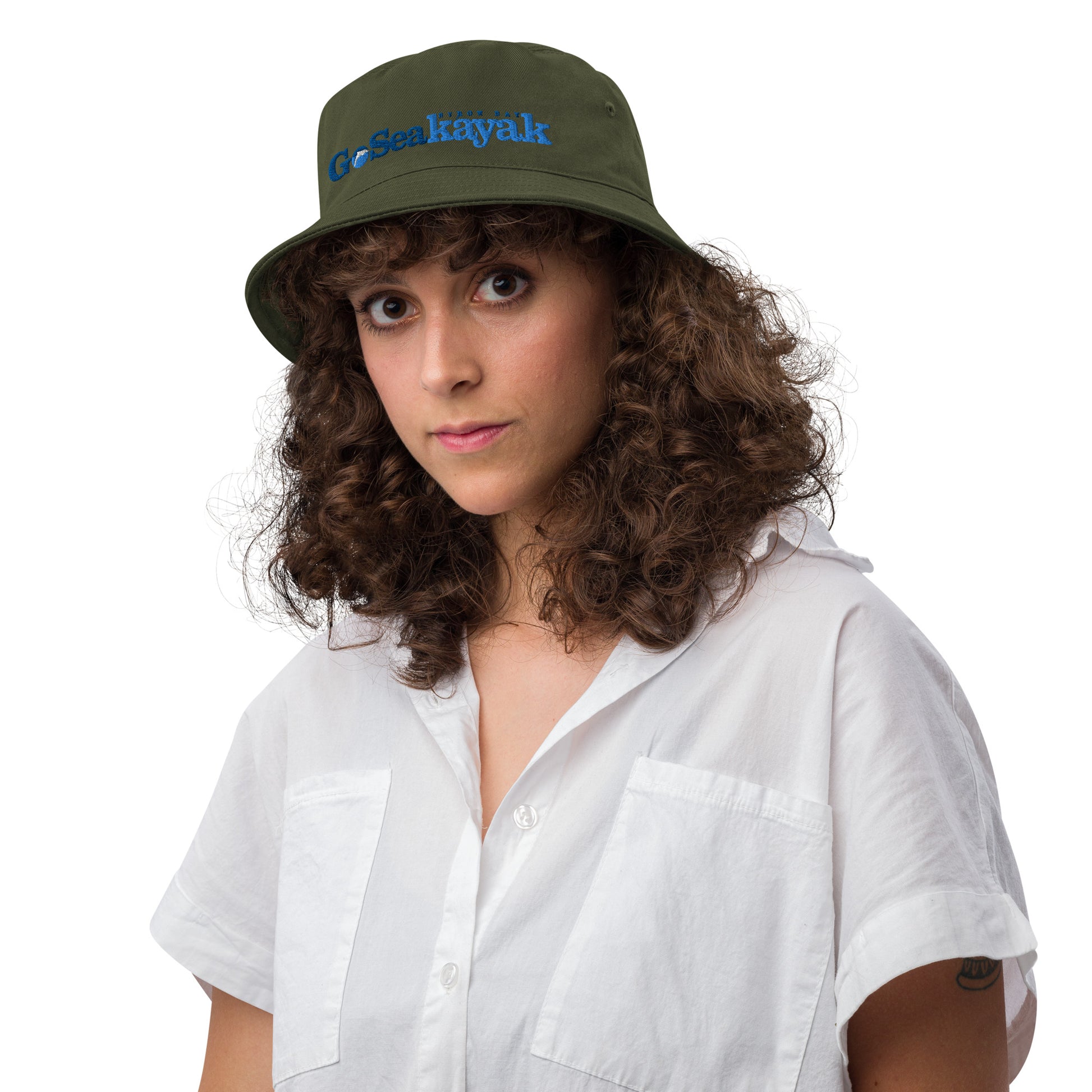  Unisex Bucket Hat - Army Green - Front view on woman's head - Go Sea Kayak Byron Bay logo on front  - Genuine Byron Bay Merchandise | Produced by Go Sea Kayak Byron Bay