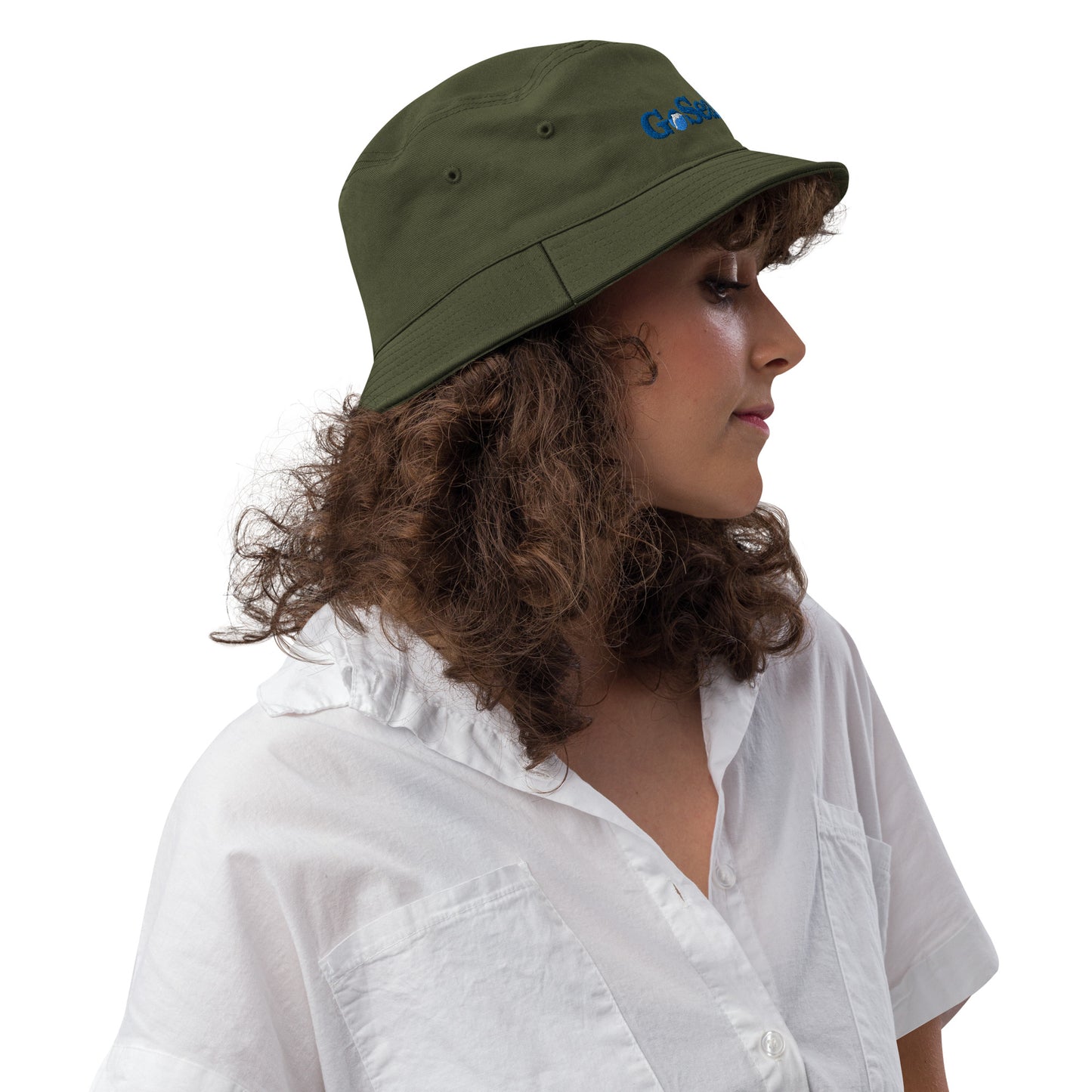 Unisex Bucket Hat - Army Green - Side view on woman's head - Go Sea Kayak Byron Bay logo on front  - Genuine Byron Bay Merchandise | Produced by Go Sea Kayak Byron Bay
