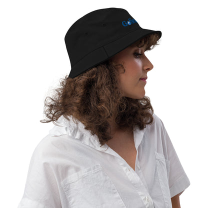  Unisex Bucket Hat - Black - Side view on woman's head - Go Sea Kayak Byron Bay logo on front  - Genuine Byron Bay Merchandise | Produced by Go Sea Kayak Byron Bay