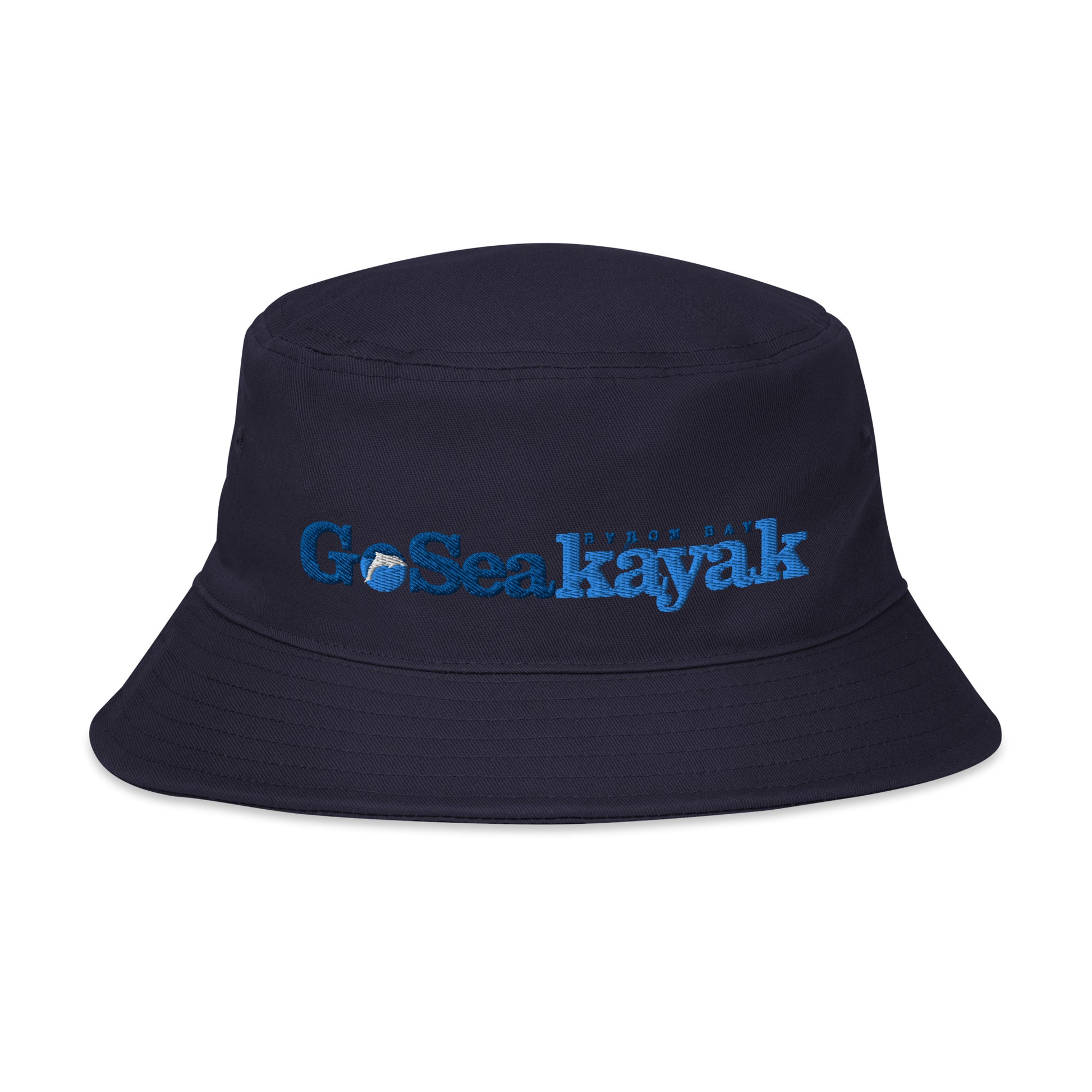  Unisex Bucket Hat - Navy - Front view - Go Sea Kayak Byron Bay logo on front  - Genuine Byron Bay Merchandise | Produced by Go Sea Kayak Byron Bay