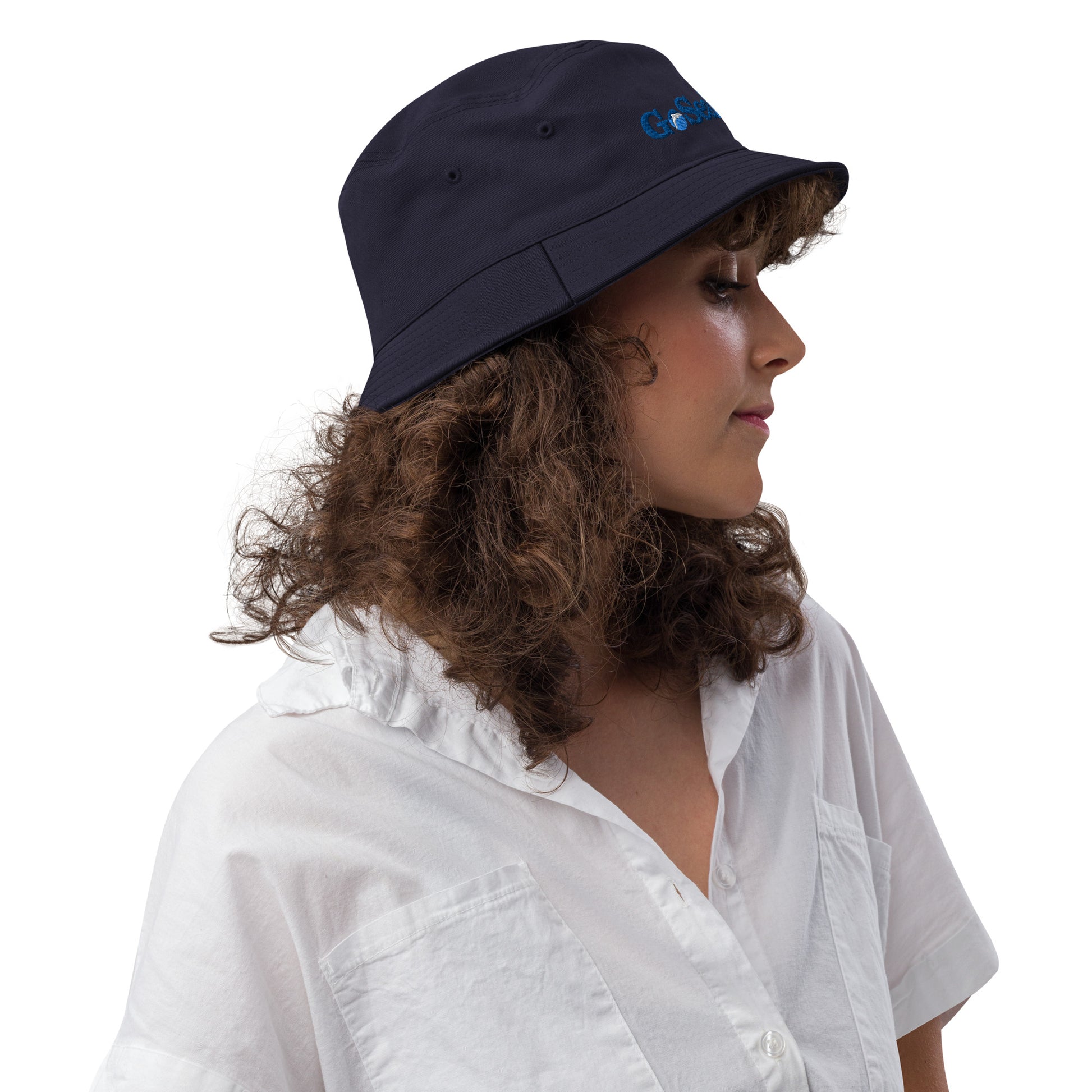  Unisex Bucket Hat - Navy - Side view on woman's head - Go Sea Kayak Byron Bay logo on front  - Genuine Byron Bay Merchandise | Produced by Go Sea Kayak Byron Bay