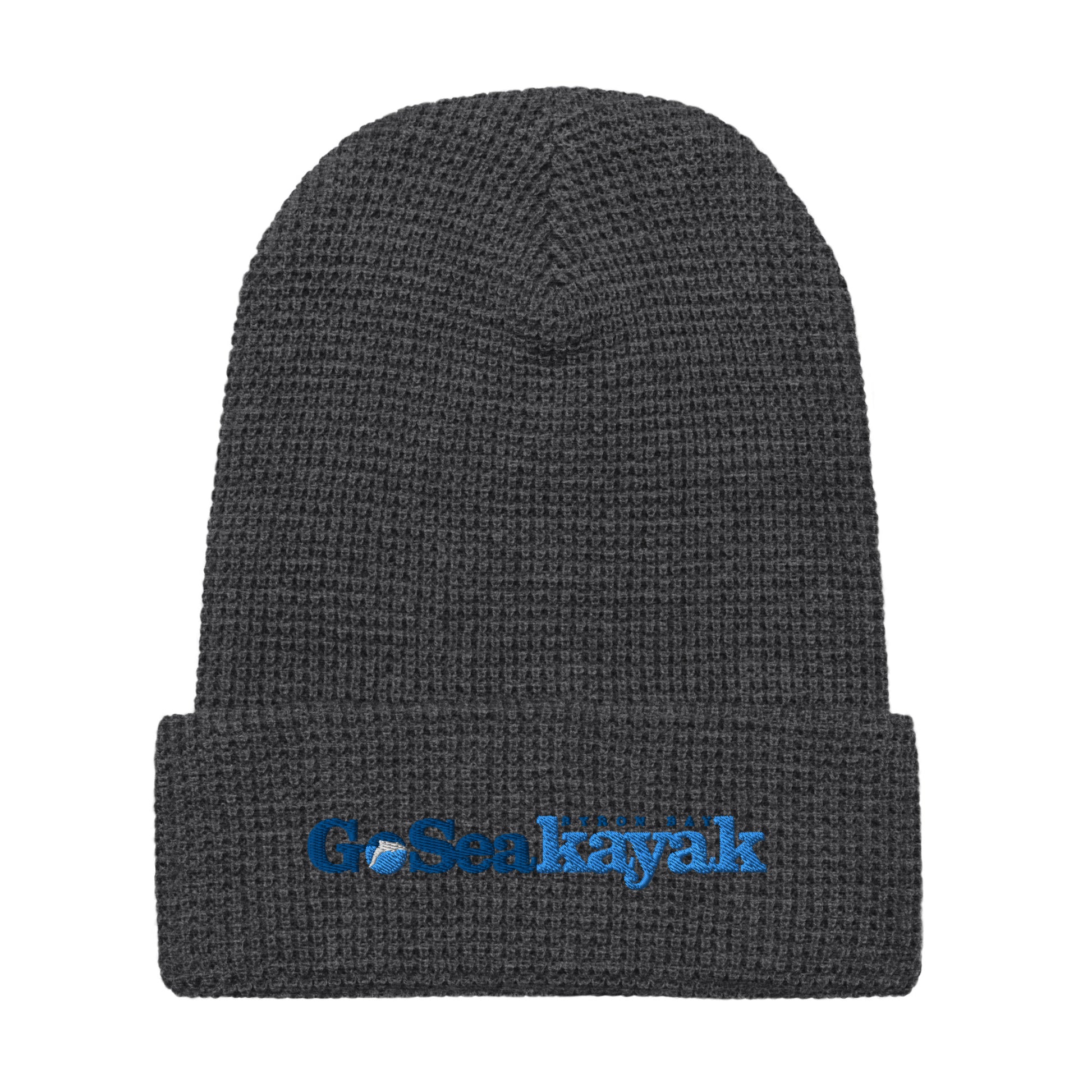 Waffle Beanie - Heather charcoal - Front flat lay view - Go Sea Kayak Byron bay logo on front - Genuine Byron Bay Merchandise | Produced by Go Sea Kayak Byron Bay 