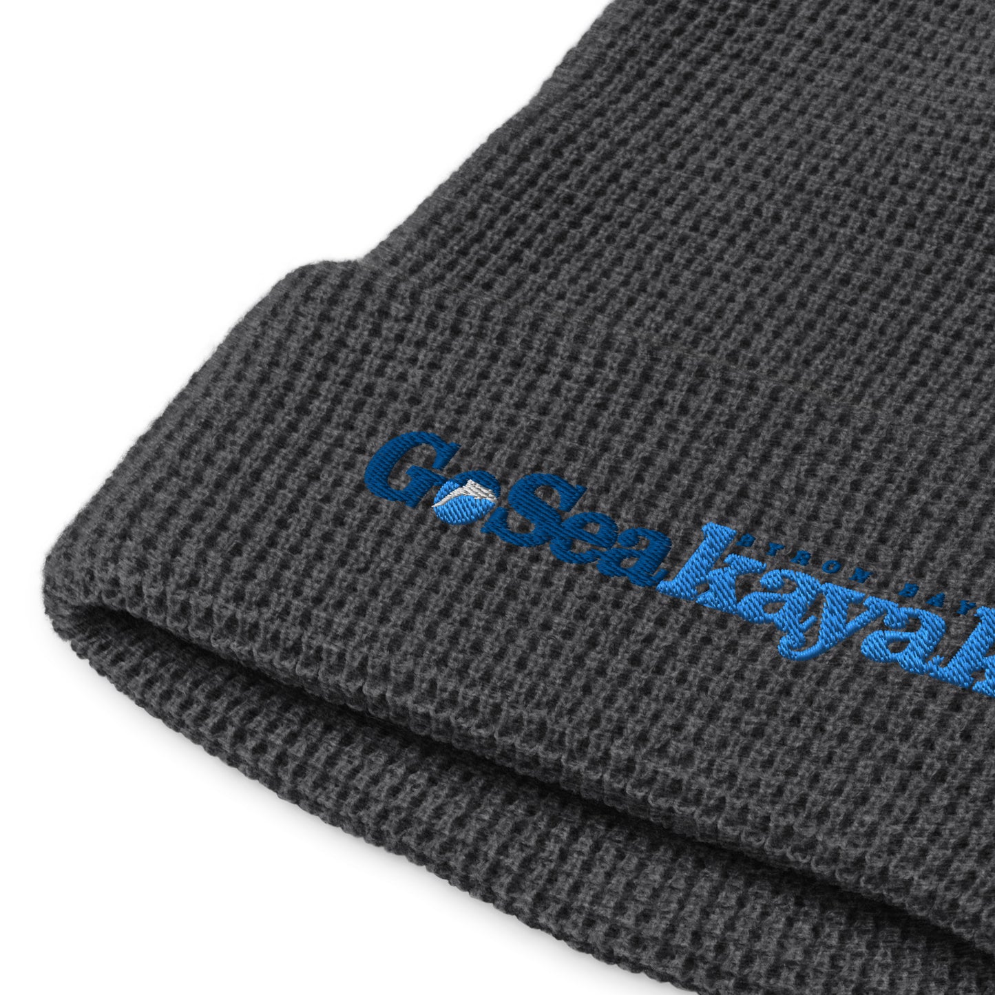  Waffle Beanie - Heather charcoal - Close up of embroidered logo and waffle material - Go Sea Kayak Byron bay logo on front - Genuine Byron Bay Merchandise | Produced by Go Sea Kayak Byron Bay 