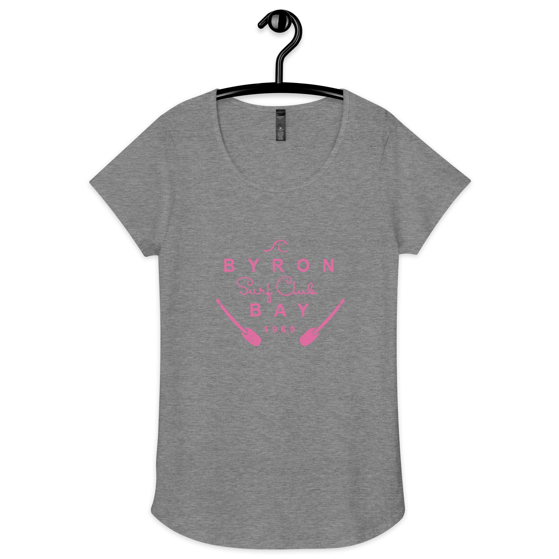  Women’s Round Neck Tee - grey marle - Front flat lay view - pink Byron Bay Surf Club logo on front - Genuine Byron Bay Merchandise | Produced by Go Sea Kayak Byron Bay 