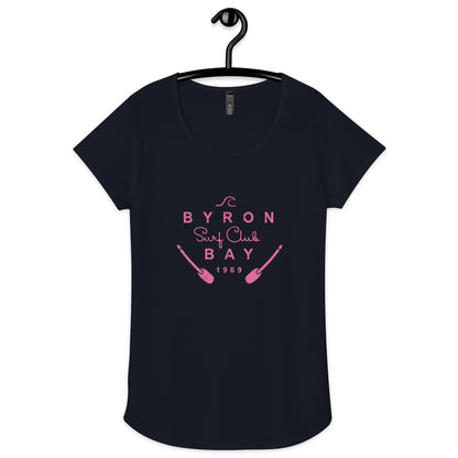  Women’s Round Neck Tee - Navy - Front flat lay view - pink Byron Bay Surf Club logo on front - Genuine Byron Bay Merchandise | Produced by Go Sea Kayak Byron Bay 