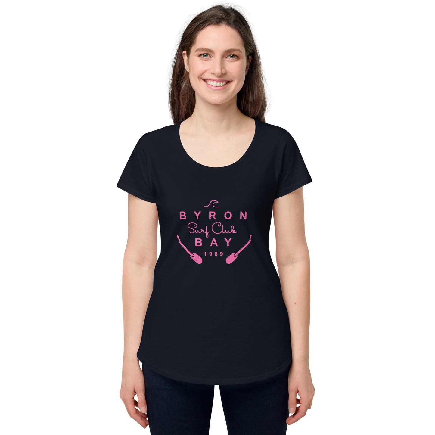  Women’s Round Neck Tee - Navy - Front view, on woman standing with arms by side - pink Byron Bay Surf Club logo on front - Genuine Byron Bay Merchandise | Produced by Go Sea Kayak Byron Bay 