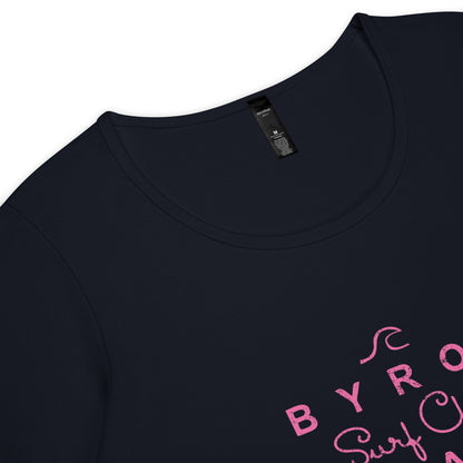  Women’s Round Neck Tee - Navy - Front flat lay view, close up - pink Byron Bay Surf Club logo on front - Genuine Byron Bay Merchandise | Produced by Go Sea Kayak Byron Bay 