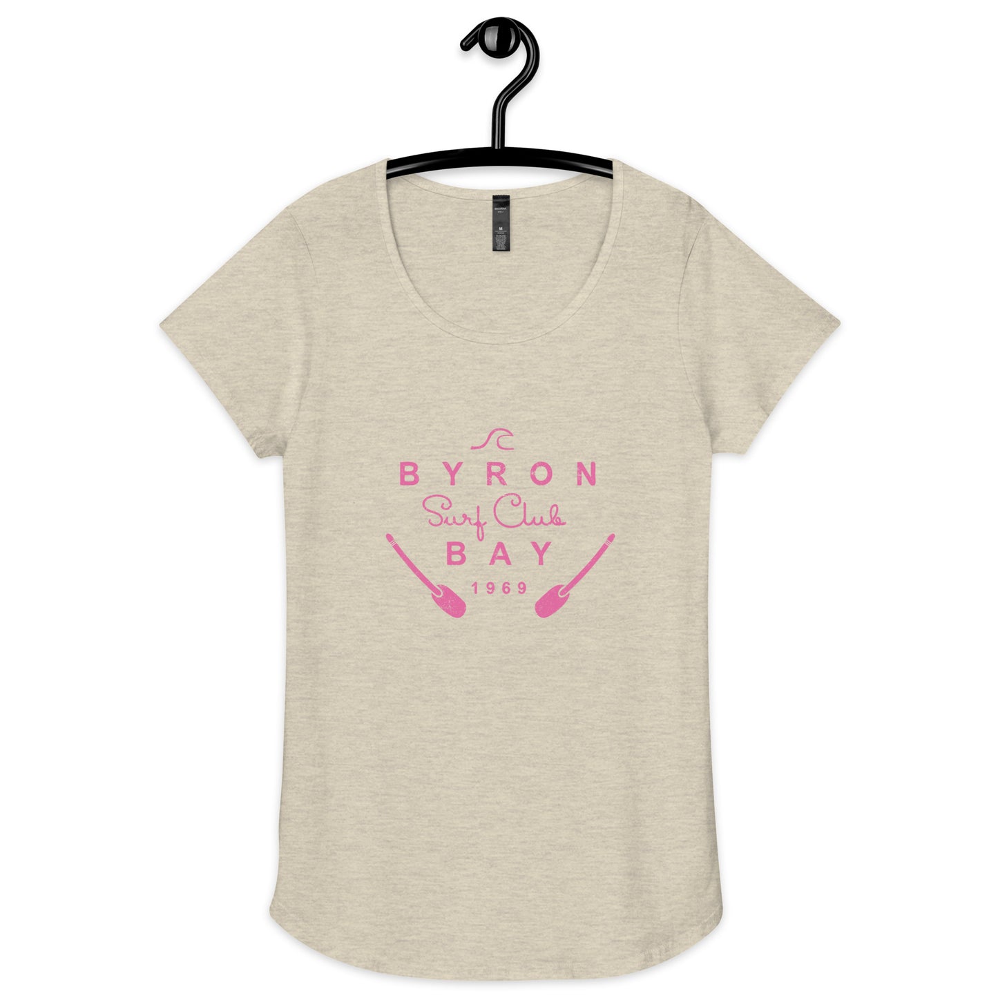  Women’s Round Neck Tee - Oatmeal - Front flat lay view - pink Byron Bay Surf Club logo on front - Genuine Byron Bay Merchandise | Produced by Go Sea Kayak Byron Bay 