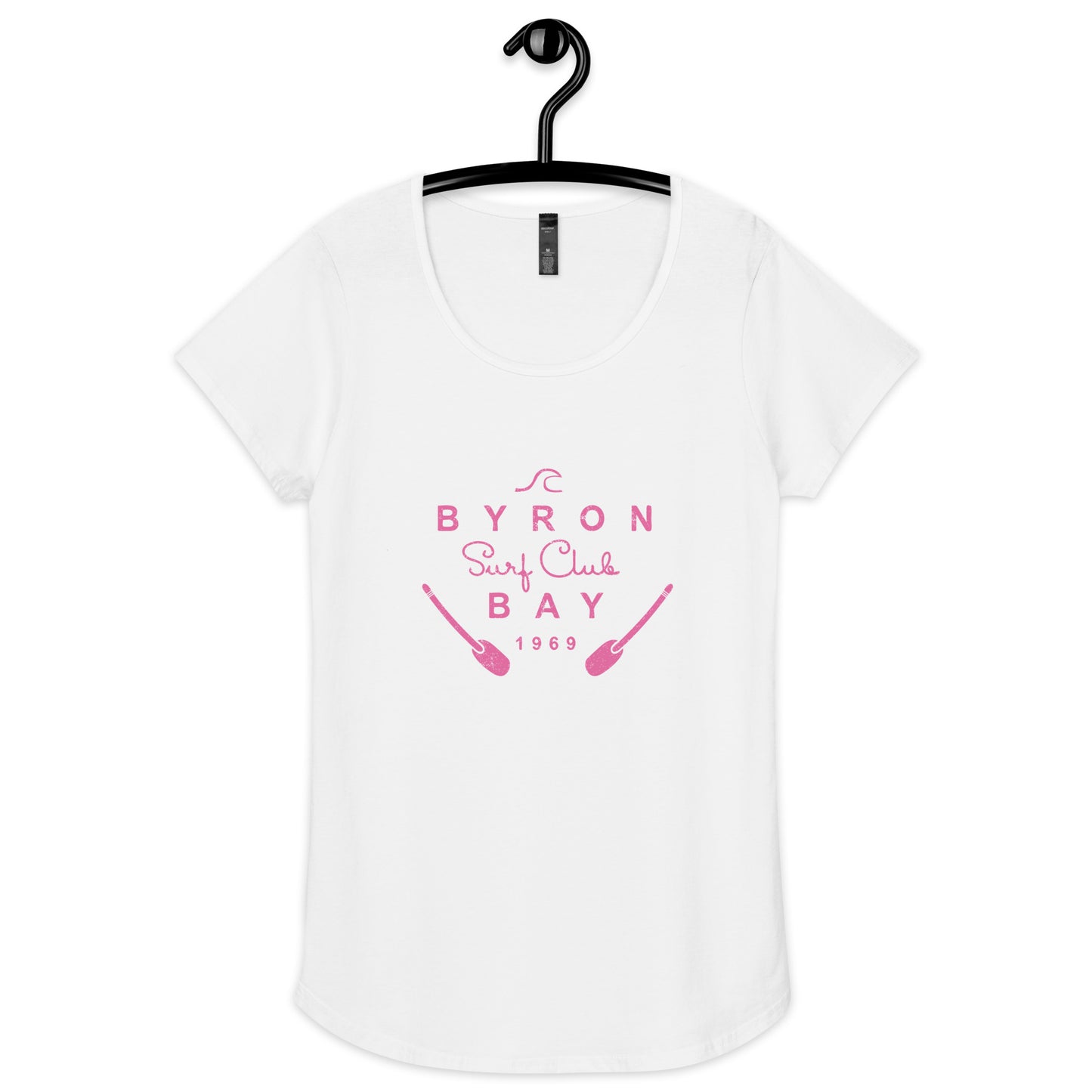  Women’s Round Neck Tee - White - Front flat lay view - pink Byron Bay Surf Club logo on front - Genuine Byron Bay Merchandise | Produced by Go Sea Kayak Byron Bay 