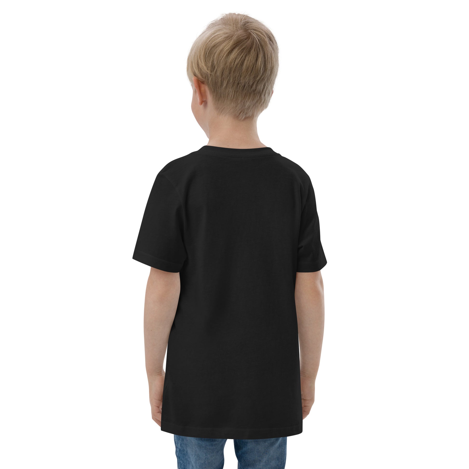  Kids T-Shirt - Black  - Back view, being warn on boy standing with his arms by his side - Go Sea Kayak Byron Bay Crew (issue 2018-2019) logo on front - Genuine Byron Bay Merchandise | Produced by Go Sea Kayak Byron Bay 